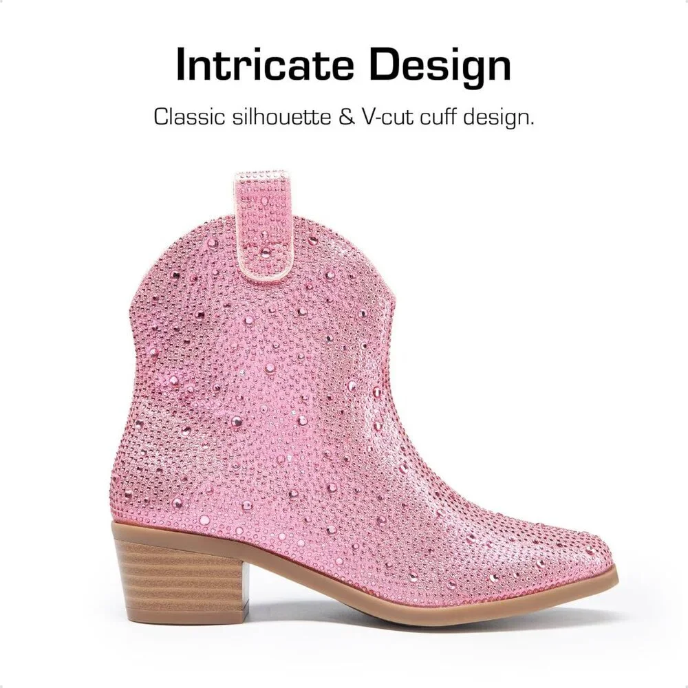⚡Girls Pink Cowgirl Rhinestone Zipper Boots Ankle Low Heel Dress Booties